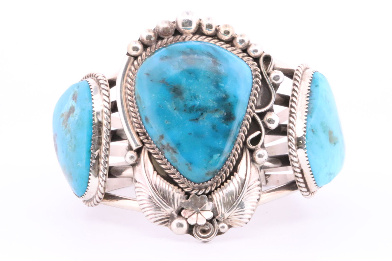 Native America Navajo Handmade Sterling Silver Turquoise 3 Stone Cuff Bracelet By Ray Nez. (1 of 5)
