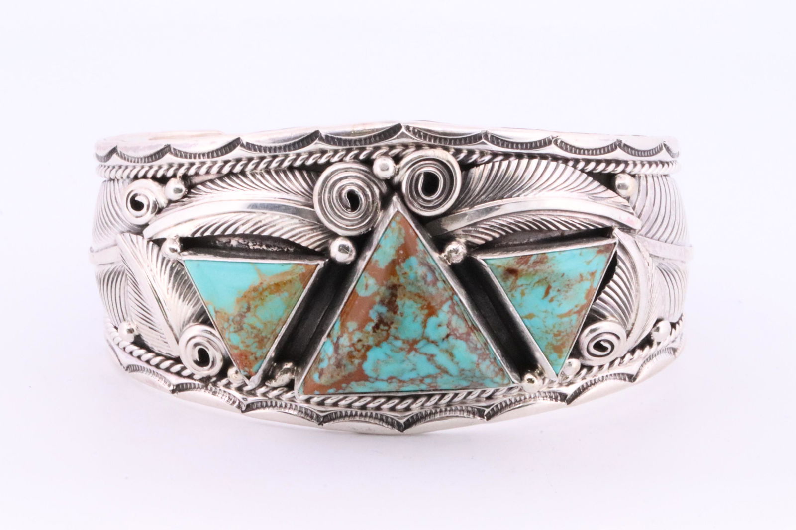 Native America Navajo Handmade Sterling Silver Turquoise Bracelet 3 Stone Cuff By Davey Morgan. (1 of 4)