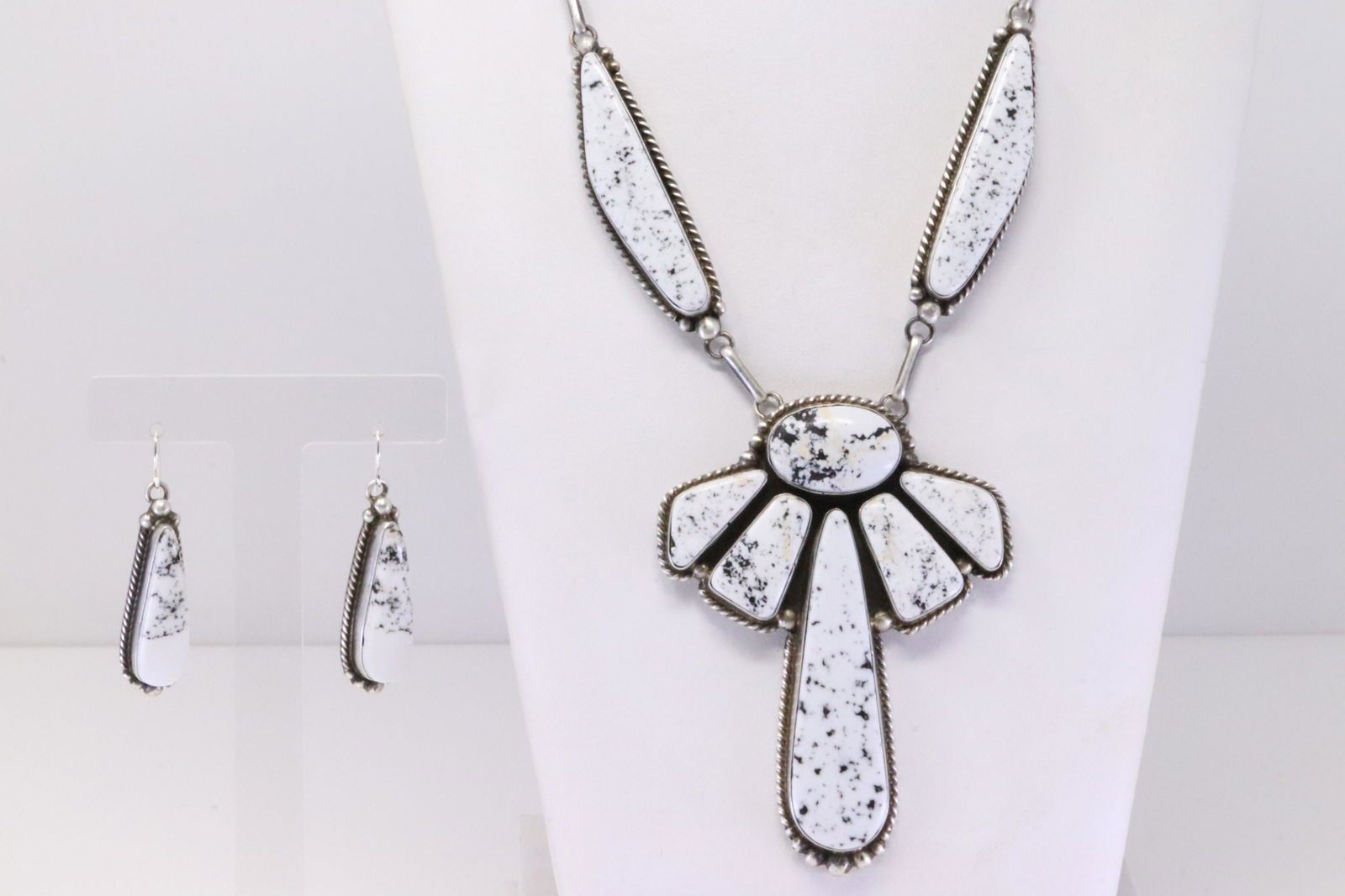 Native America Navajo Handmade Sterling Silver White Buffalo Necklace & Earring's Set By E.K. (1 of 7)