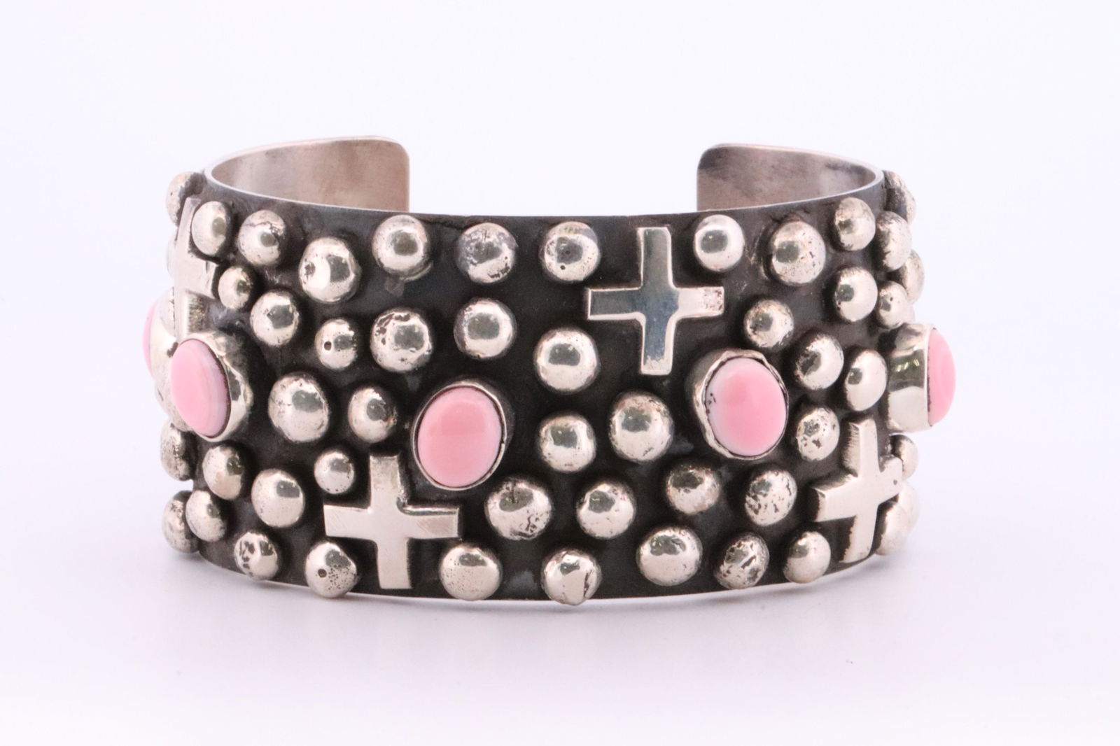 Native America Navajo Handmade Sterling Silver Pink Shell Concho Bracelet Cross Cuff By Chimney (1 of 4)