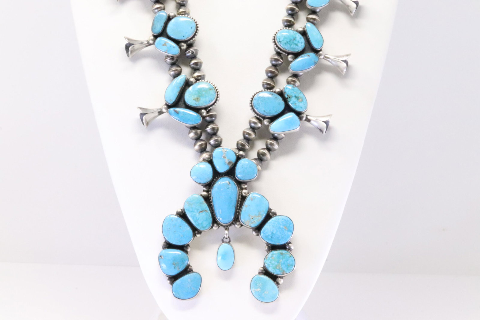 Native America Navajo Handmade Sterling Silver Turquoise Squash Blossom Necklace & Earring's Set By (1 of 8)