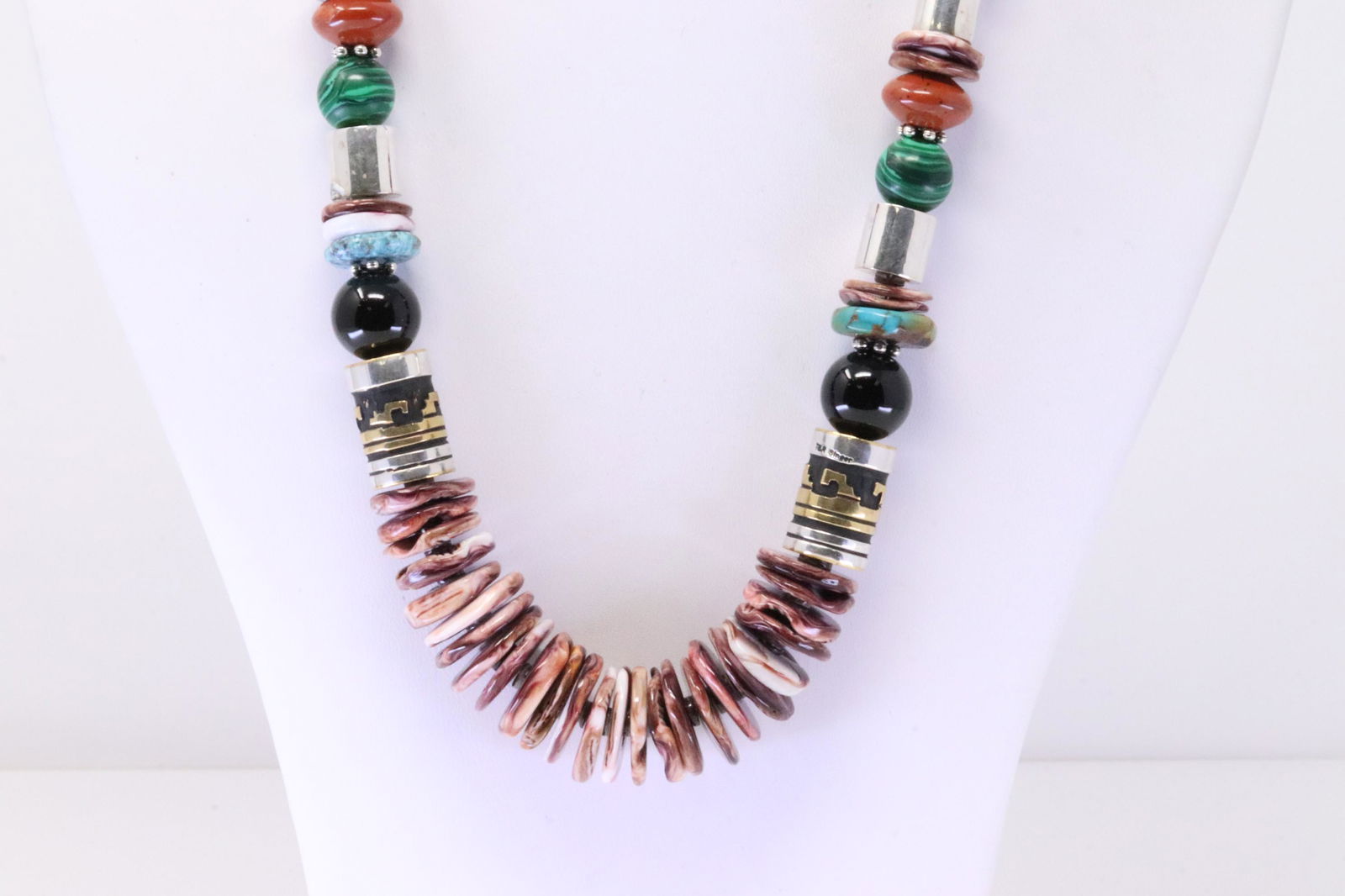 Native America Navajo Handmade Sterling Silver Multi-Color Stone Necklace By T&R Singer. (1 of 4)