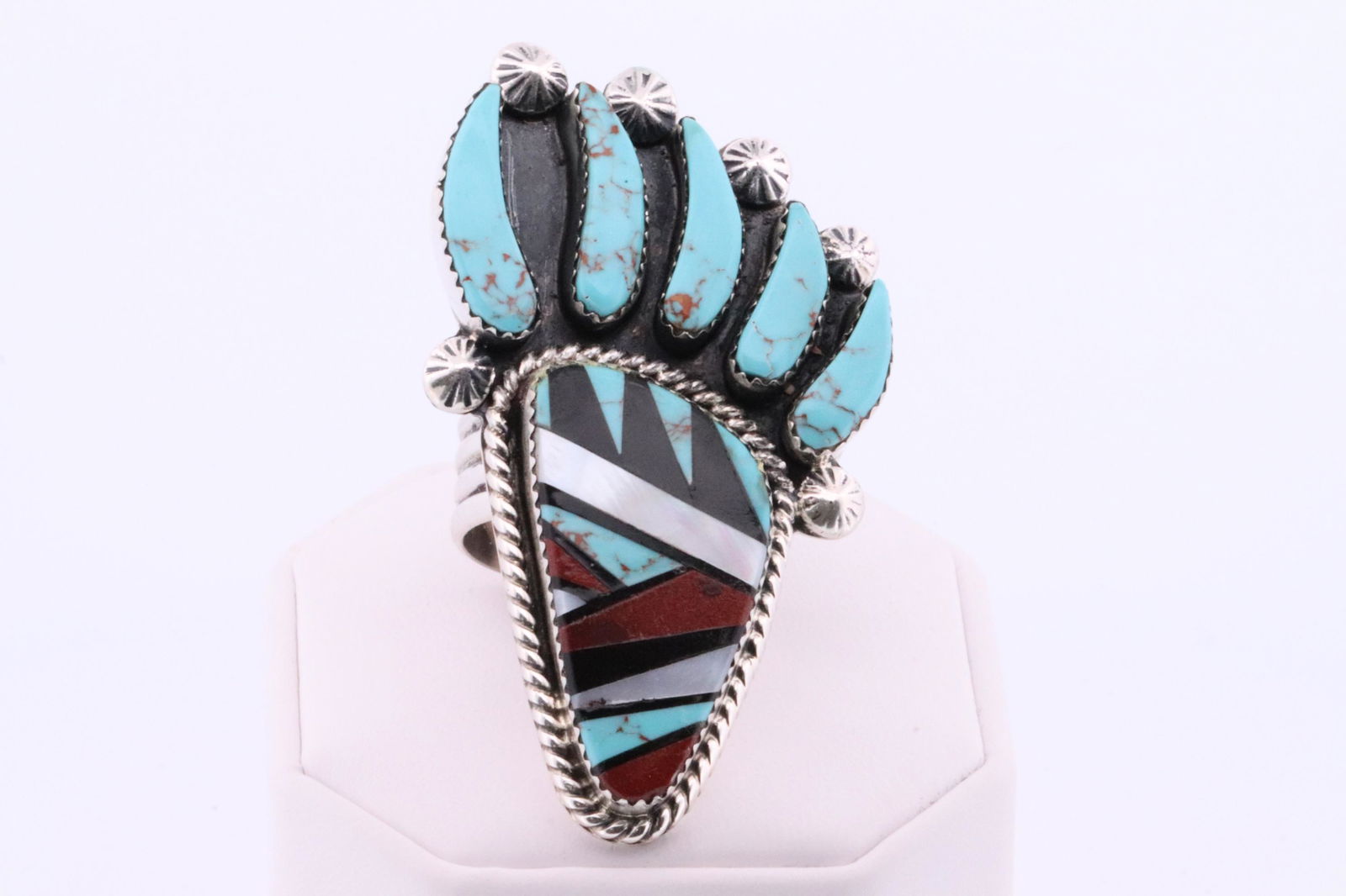 Native America Navajo Handmade Sterling Silver Bear Paw Multi-Color Inlay Ring By B.L. (1 of 4)