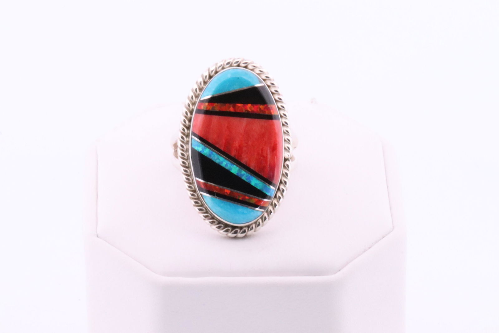 Native American Zuni Handmade Sterling Silver Multi-Color Inlay Ring By Joan Douglas. (1 of 4)