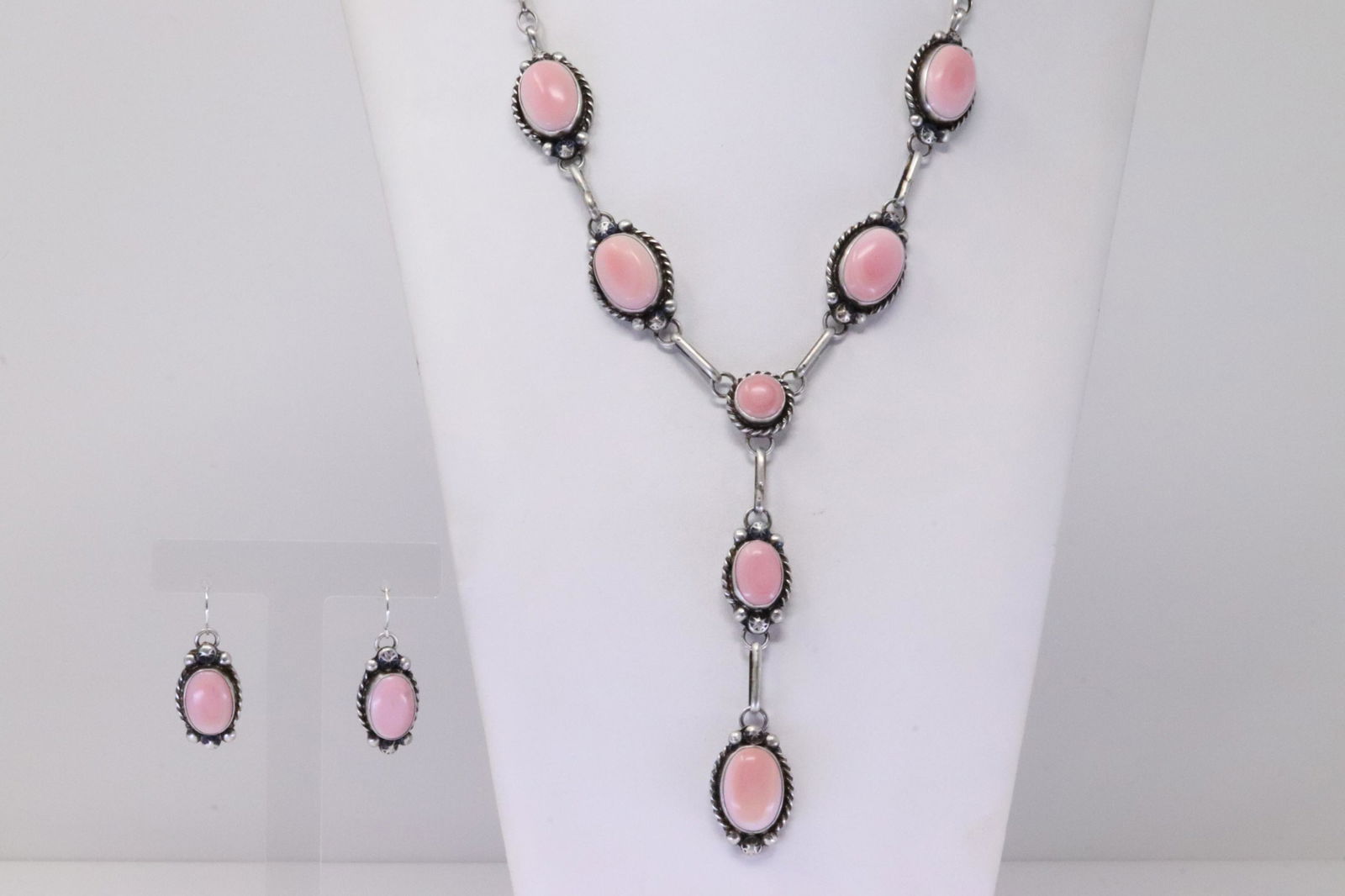 Native America Navajo Handmade Sterling Silver Pink Shell Concho Necklace & Earring's Set By A.L. (1 of 6)