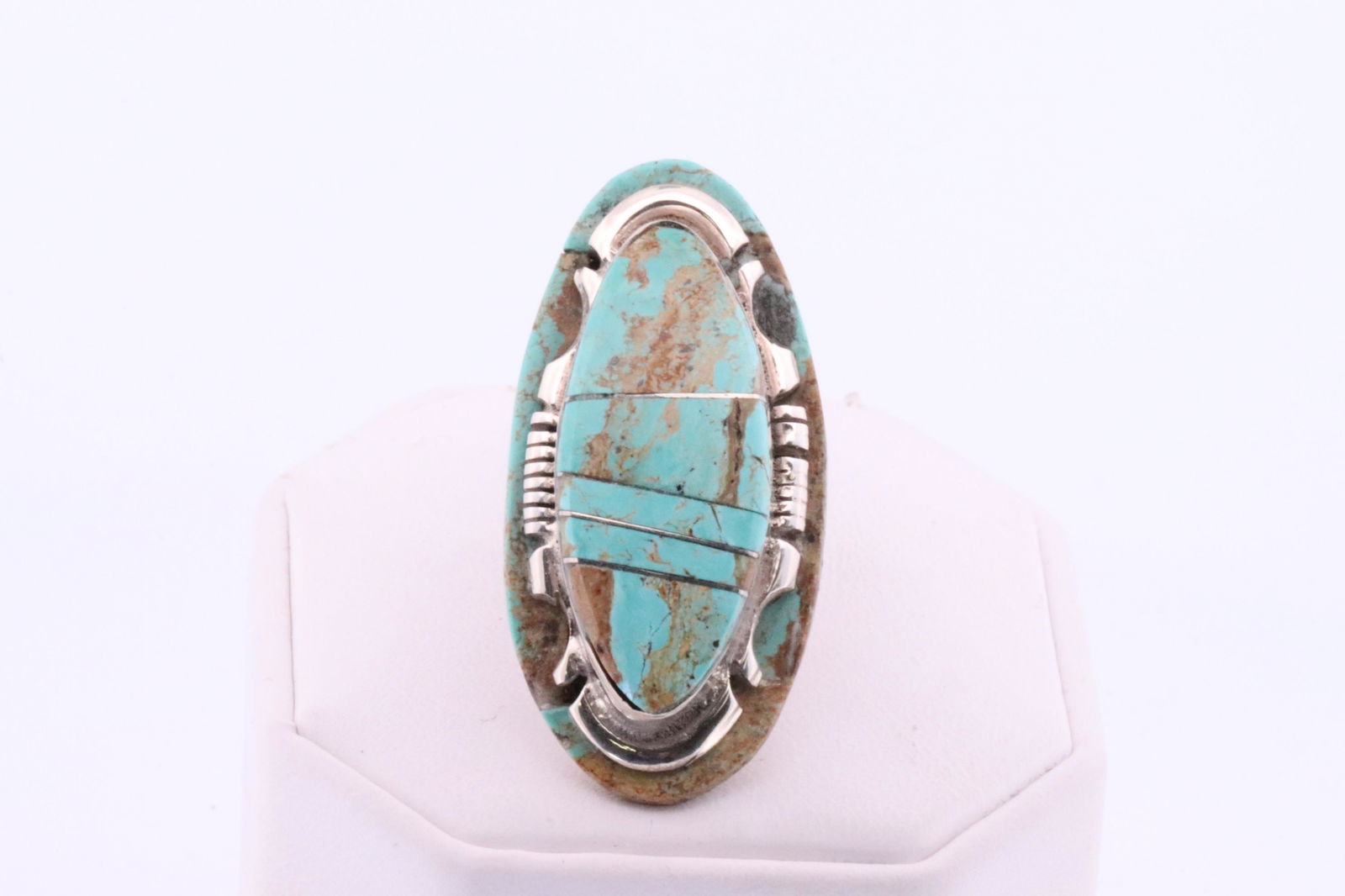 Native America Navajo Handmade Sterling Silver Turquoise Inlay Ring By S.F. (1 of 4)