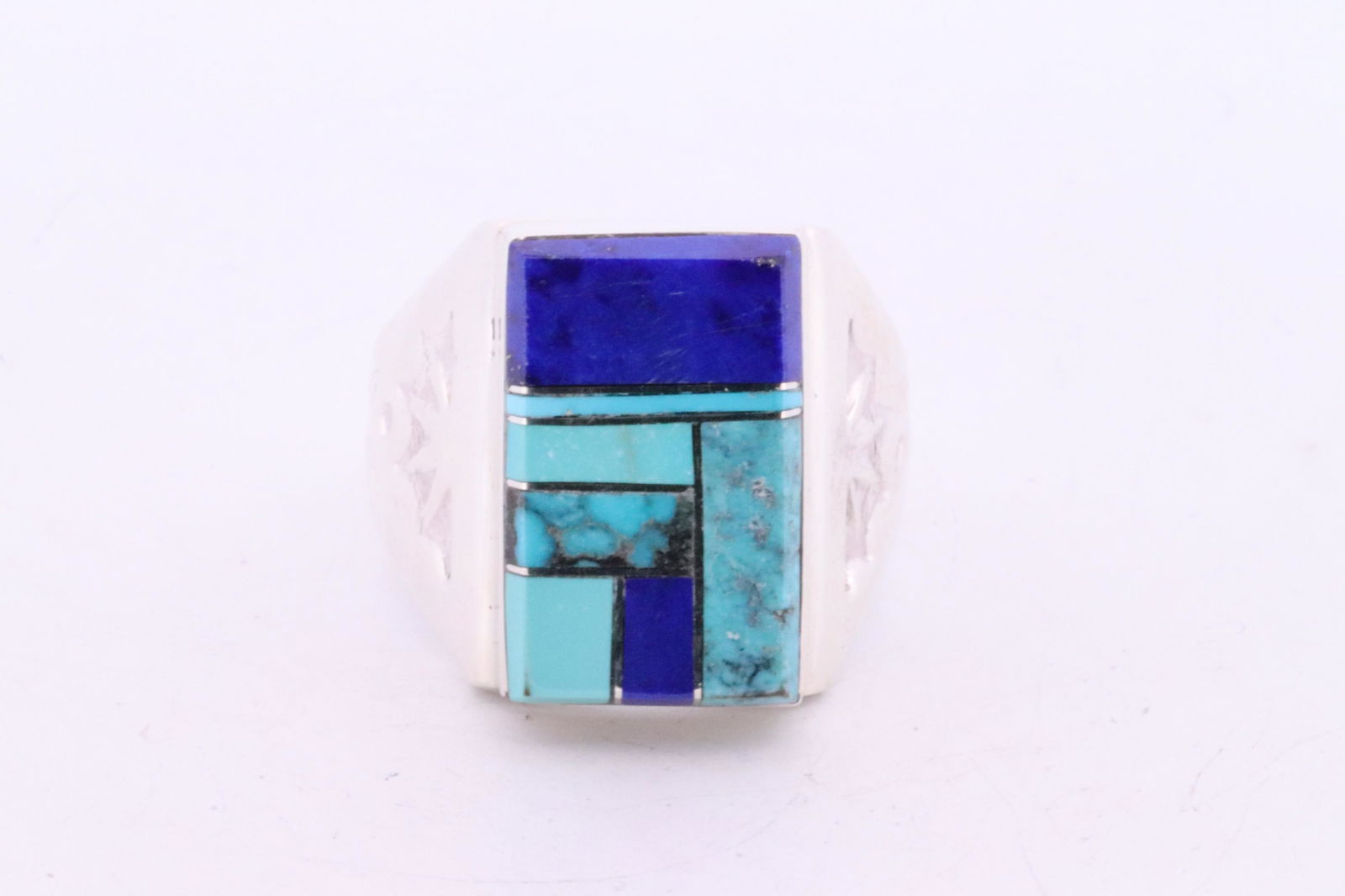 Native America Zuni Handmade Sterling Silver Lapis & Turquoise Inlay Ring By PLL. (1 of 4)