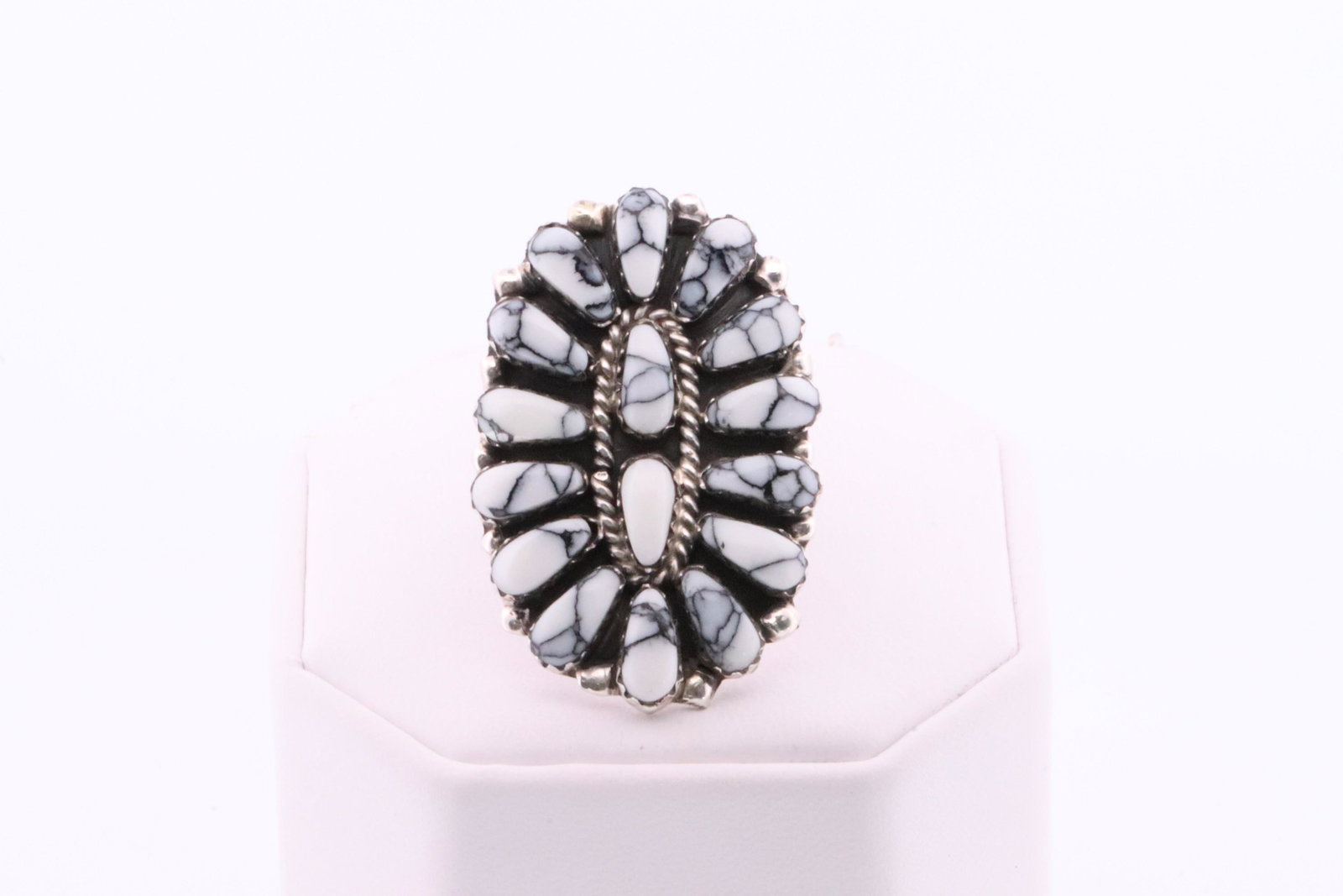 Native America Navajo Handmade Sterling Silver Synthetic White Buffalo Ring By J.W.: This is a Native America Navajo Handmade Sterling Silver Synthetic White Buffalo Ring By J.W. 8.00.