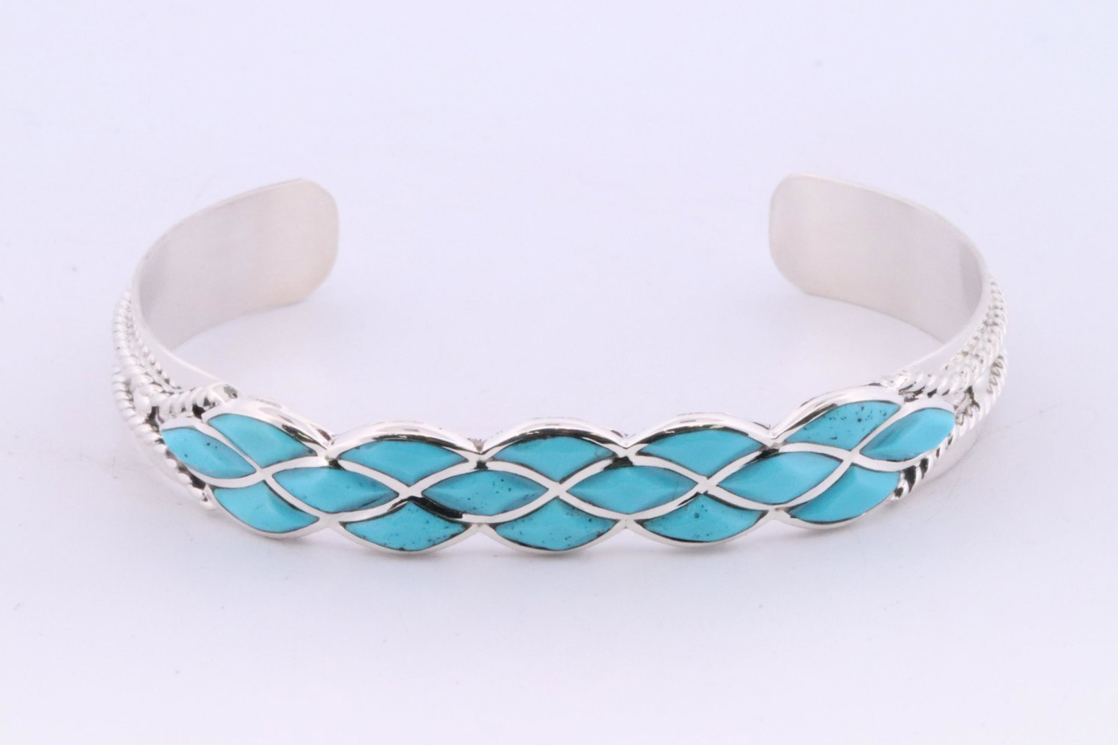 Native America Zuni Handmade Sterling Silver Turquoise Inlay Bracelet Cuff By Derrick & Lorelia (1 of 4)