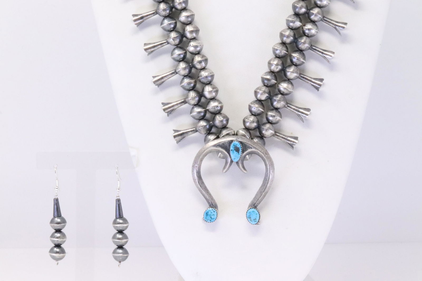 Native American Navajo Handmade Sterling Silver Turquoise Squash Blossom Necklace & Earring's Set By (1 of 7)