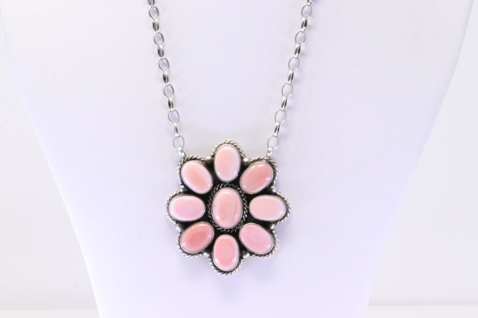Native America Navajo Handmade Sterling Silver Pink Shell Concho Necklace By Augustine Largo. (1 of 4)