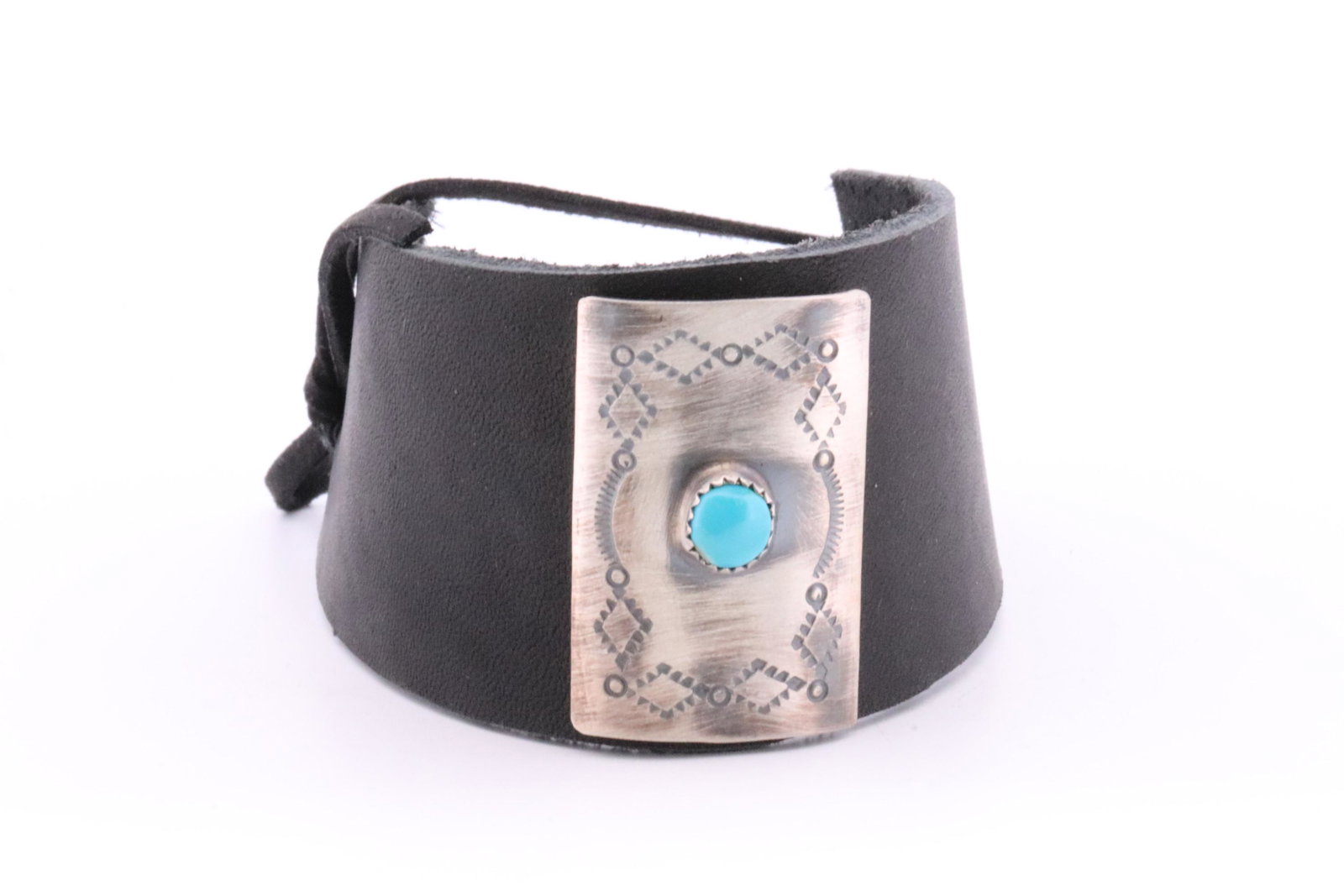 Native America Navajo Handmade Sterling Silver Turquoise Leather Bow Guard Bracelet By Dale Morgan.: This is a Native America Navajo Handmade Sterling Silver Turquoise Leather Bow Guard Bracelet By Dale Morgan.