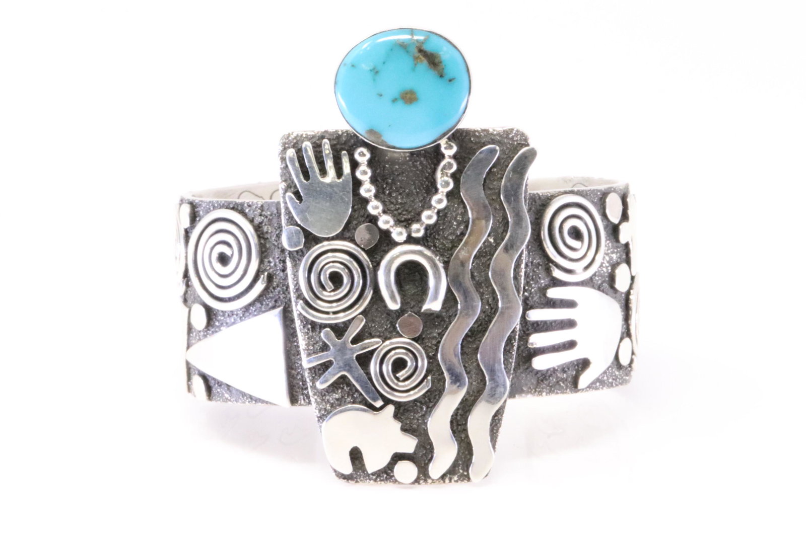 Native America Navajo Handmade Sterling Silver Kingman Turquoise Petroglyph Bracelet Cuff By Alex: This is a Native America Navajo Handmade Sterling Silver Kingman Turquoise Petroglyph Bracelet Cuff By Alex Sanchez.