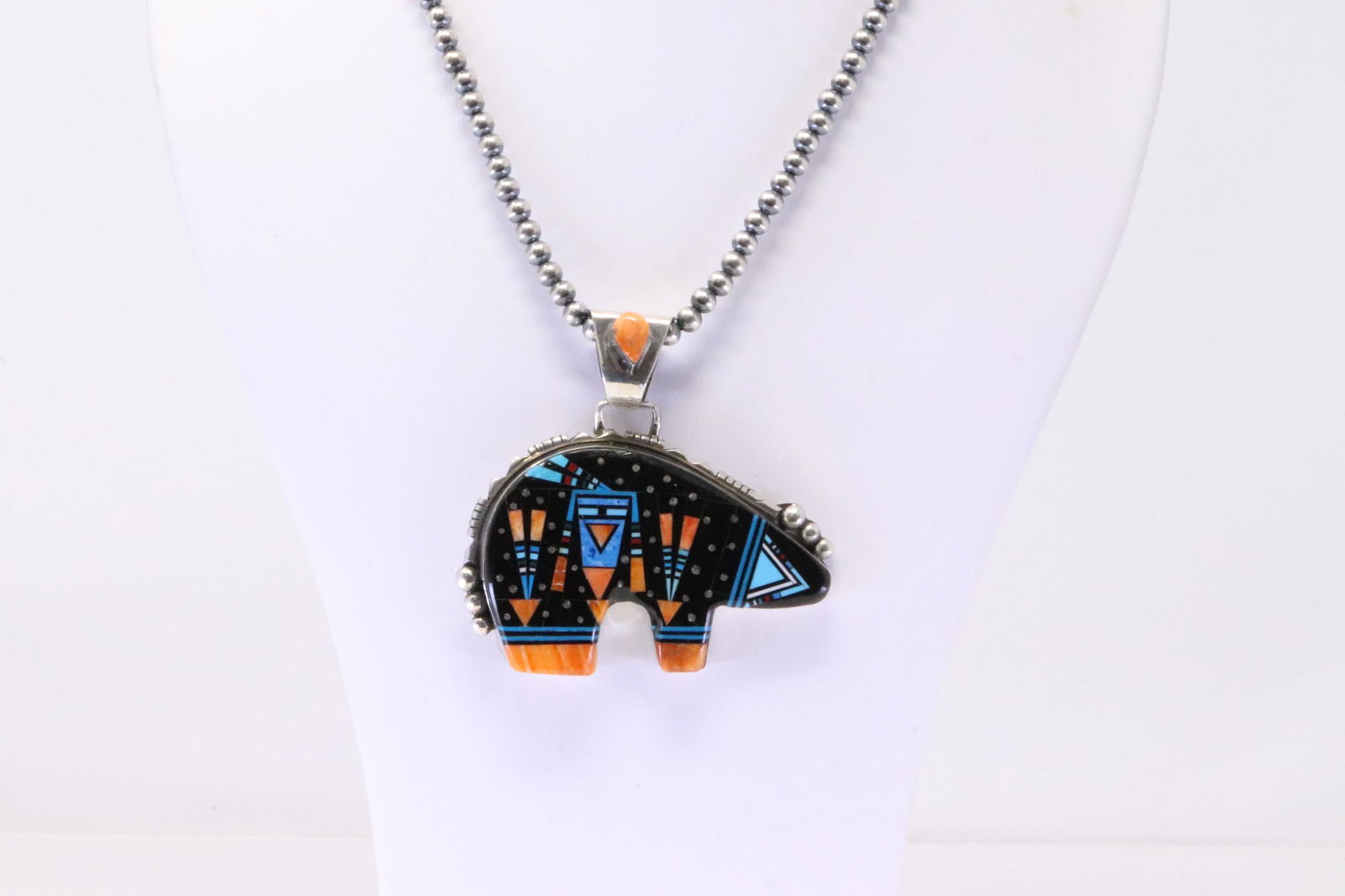 Native America Navajo Handmade Sterling Silver Night Sky Bear Inlay Pendant & Necklace By Ray Jack. (1 of 5)