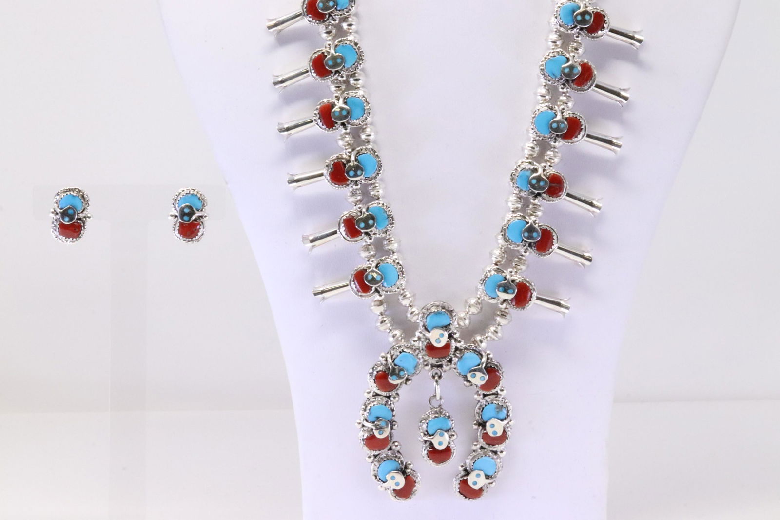 Native America Zuni Handmade Sterling Silver Coral / Turquoise Squash Blossom Necklace & Earring's (1 of 7)