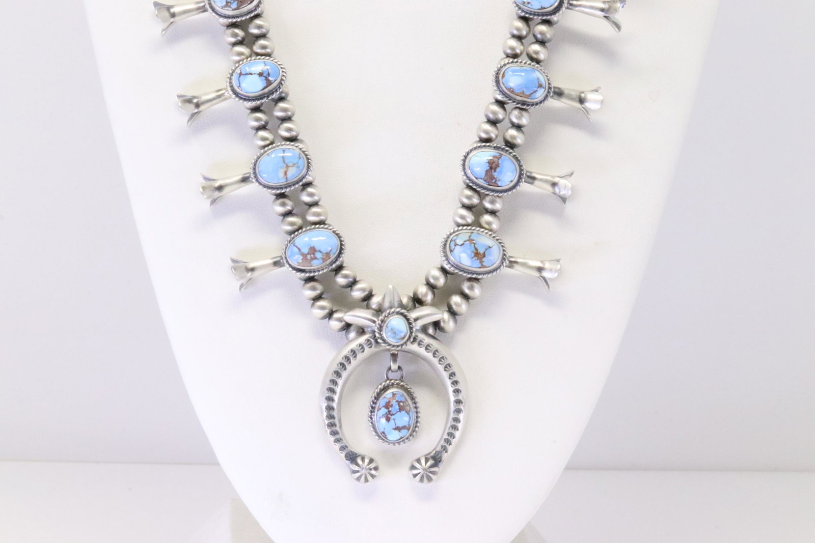 Native America Navajo Handmade Sterling Silver Golden Hill Turquoise Squash Blossom Necklace &: This is a Native America Navajo Handmade Sterling Silver Golden Hill Turquoise Squash Blossom Necklace & Earring's Set By Thomas Francisco.