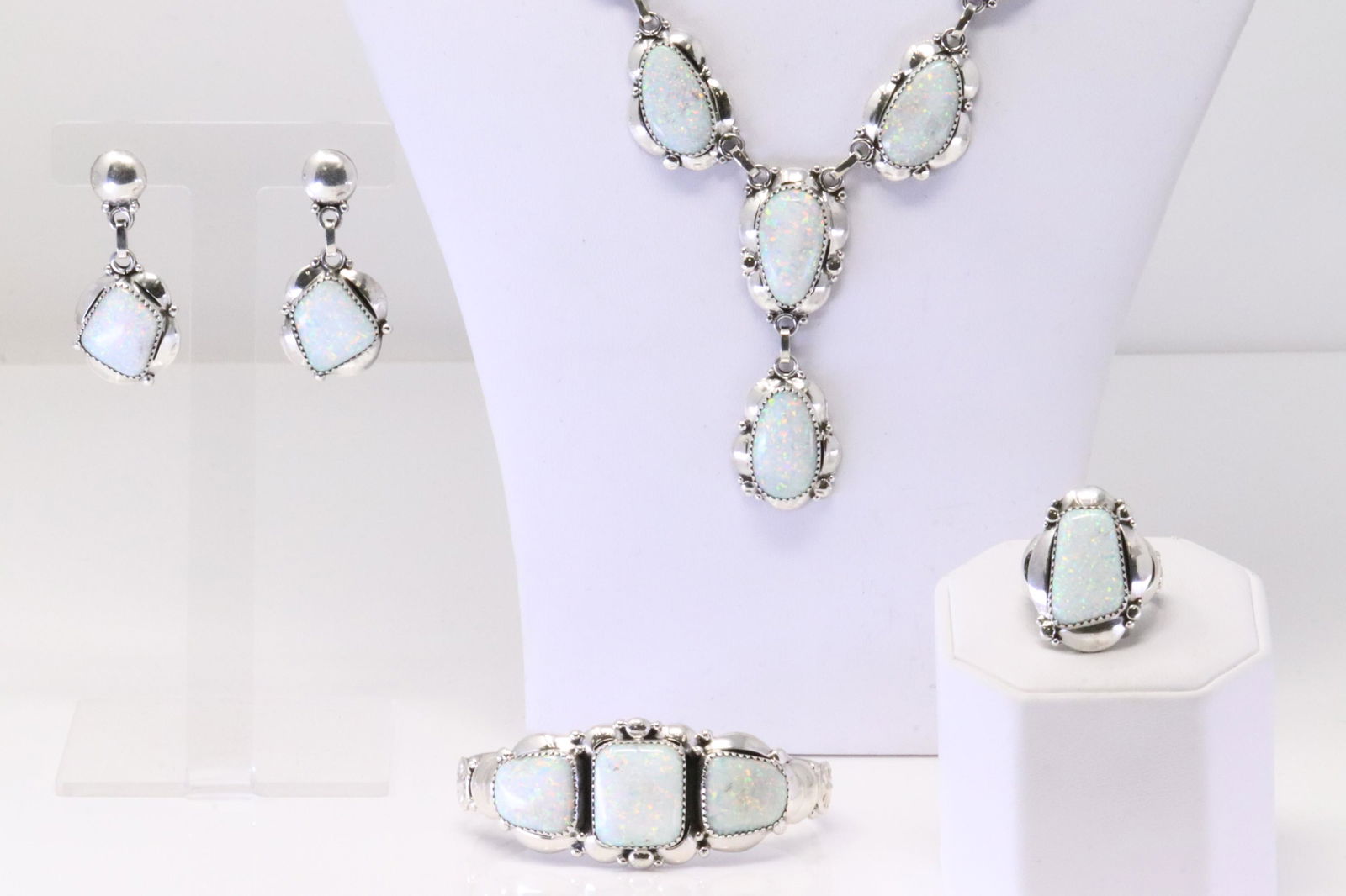 Native America Navajo Handmade Sterling Silver Opal Bracelet / Necklace / Earring's & Ring Set By (1 of 12)