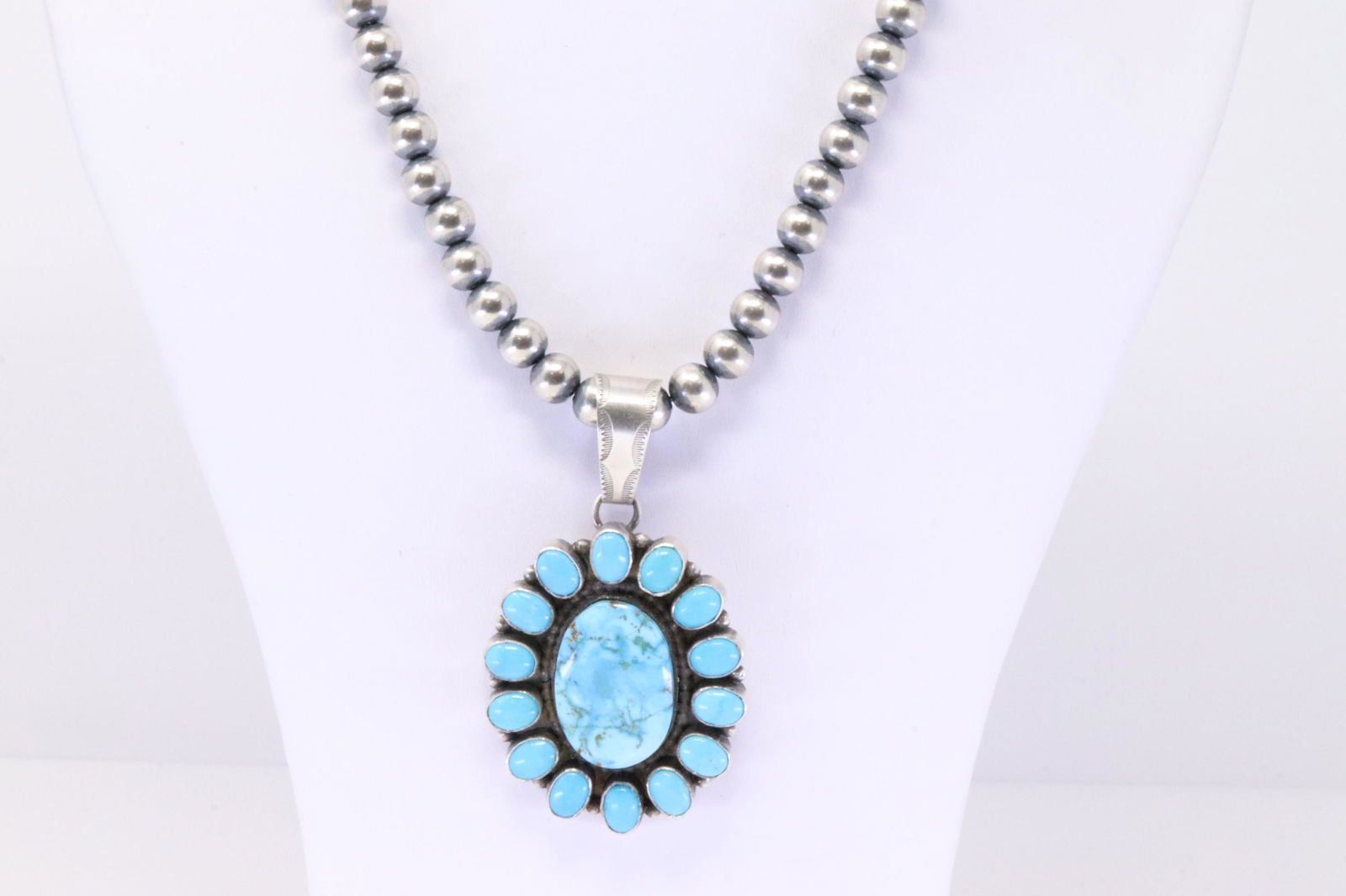 Native America Navajo Handmade Sterling Silver Turquoise Pendant & Pearl Beaded Necklace By (1 of 4)