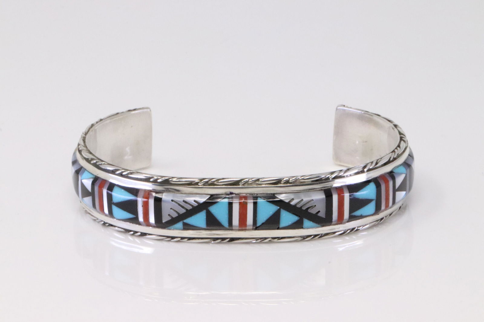 Native America Zuni Handmade Sterling Silver Multi-Color Inlay Bracelet By Sylvester Boone. (1 of 4)