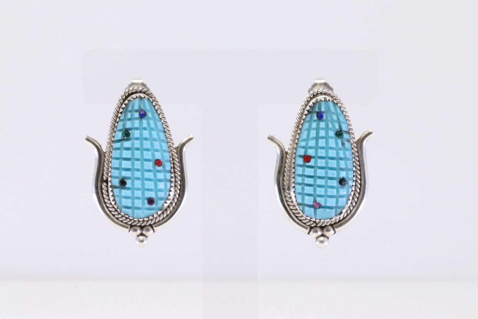 Native America Zuni Handmade Sterling Silver Turquoise Corn Post Earring's By T.E.B.: This is a Native America Zuni Handmade Sterling Silver Turquoise Corn Post Earring's By T.E.B.