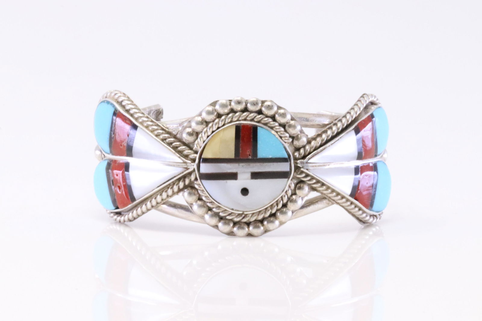 Native America Zuni Handmade Sterling Silver Multi-Color Sunface Bracelet. (1 of 4)