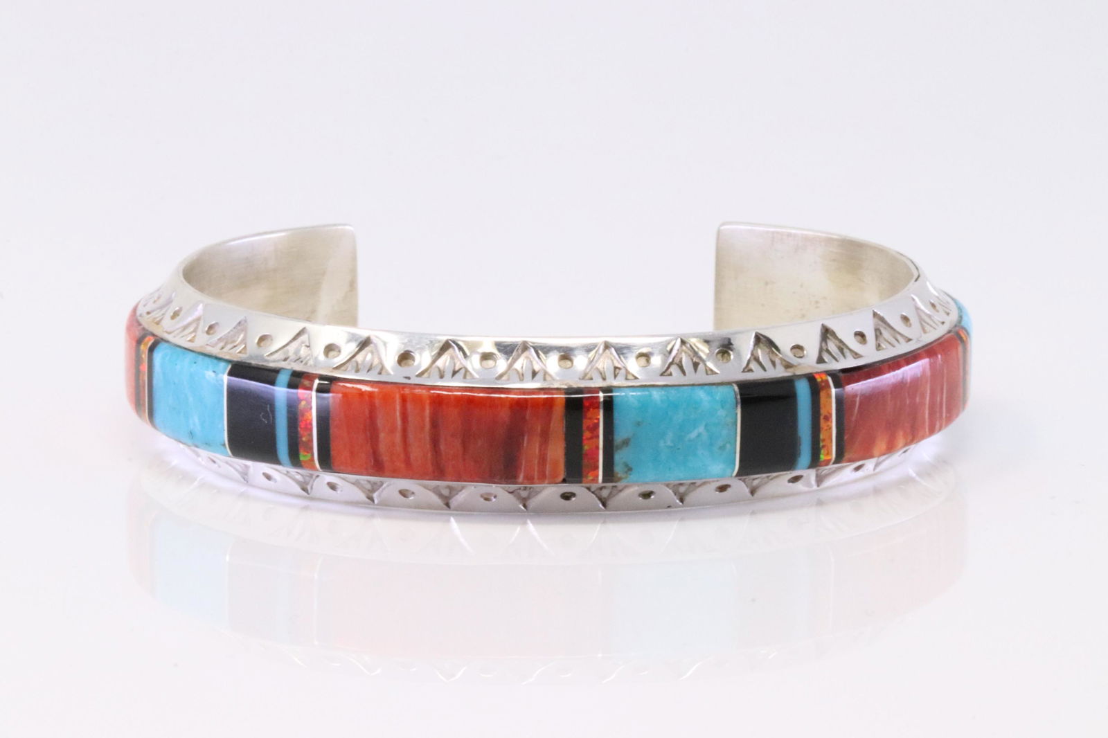 Native America Zuni Handmade Sterling Silver Multi-Color Inlay Bracelet By Joan Douglas. (1 of 4)