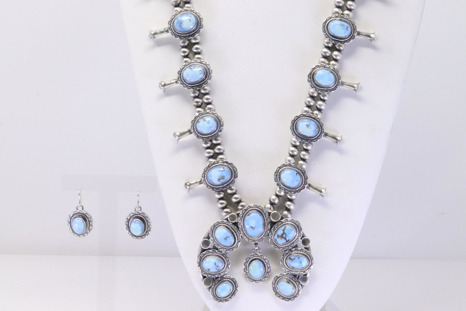 Native American Navajo Handmade Sterling Silver Golden Hills Turquoise Squash Blossom Necklace &: This is a Native American Navajo Handmade Sterling Silver Golden Hills Turquoise Squash Blossom Necklace & Earring's Set By Thomas Francisco. Necklace length: 26.00"