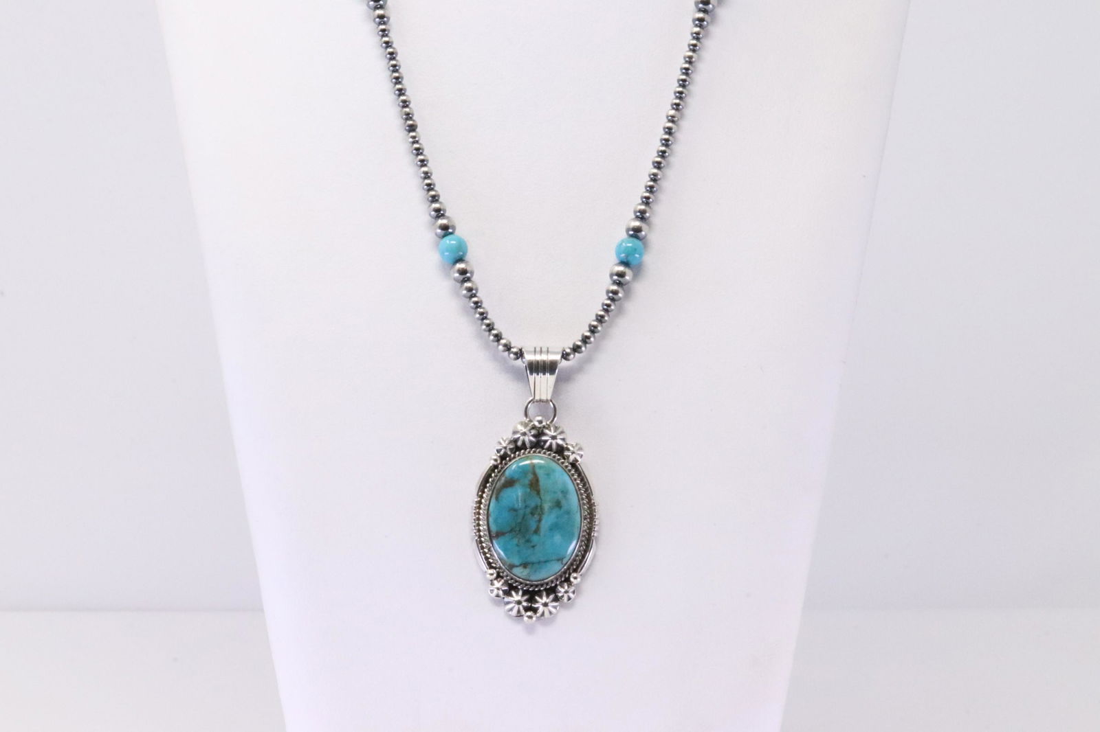 Native American Navajo Handmade Sterling Silver Turquoise Pendant & Beaded Necklace By Marita (1 of 4)