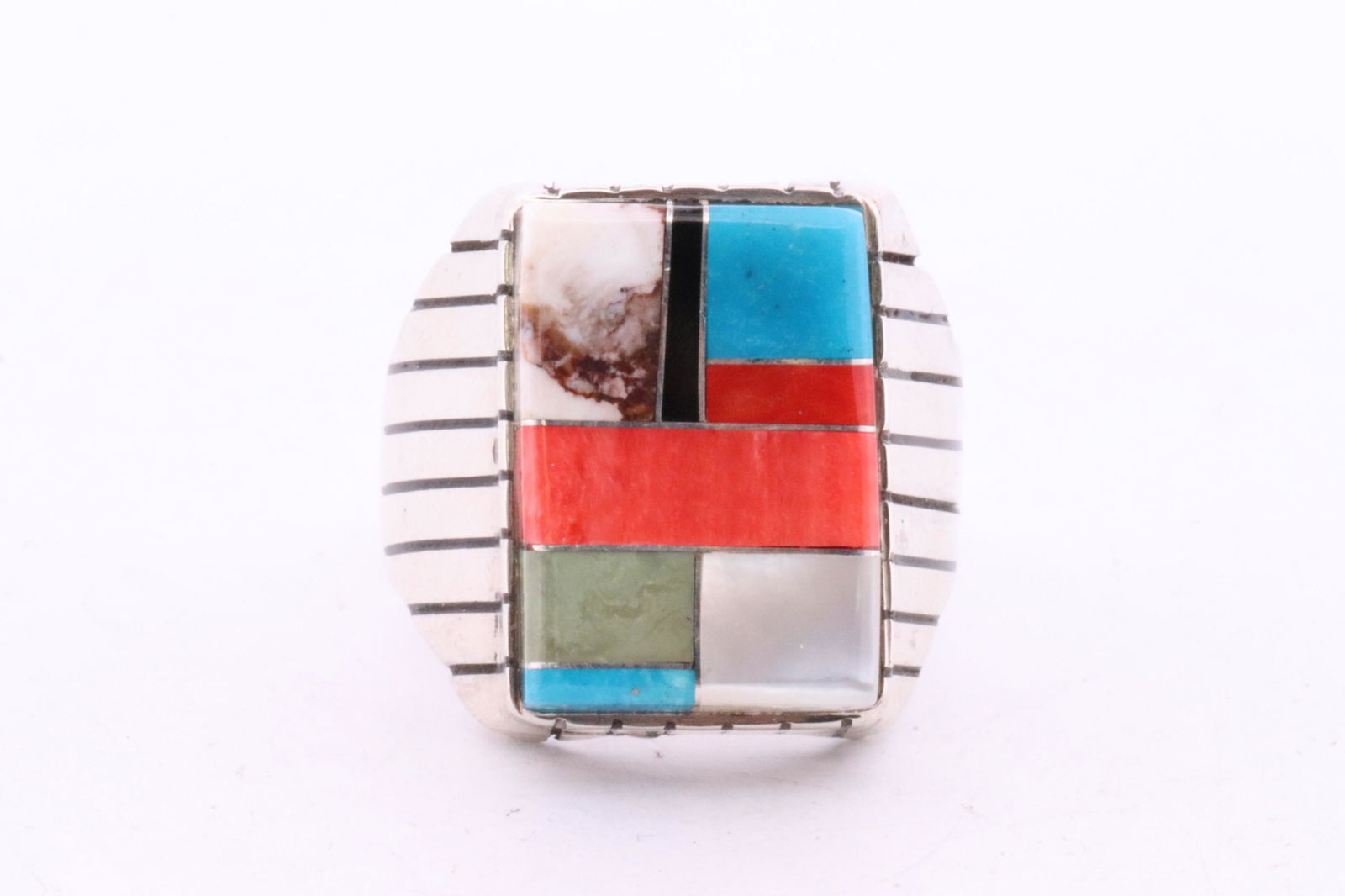Native America Handmade Navajo Sterling Silver Multi-Color Inlay Ring By R. (1 of 4)