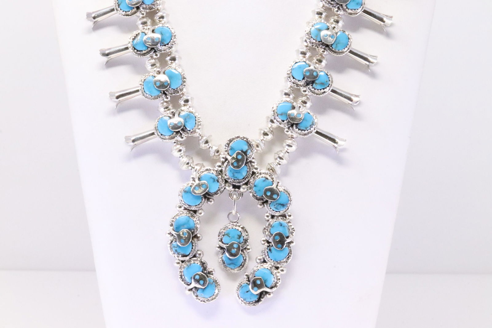 Native America Zuni Handmade Sterling Silver Turquoise Squash Blossom Necklace & Earring's Set By (1 of 9)