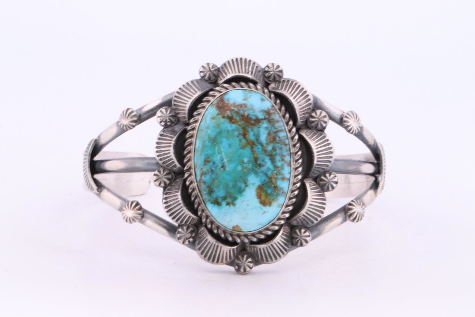 Native American Navajo Handmade Sterling Silver Kingman Turquoise Bracelet By Robert Shakey. (1 of 4)