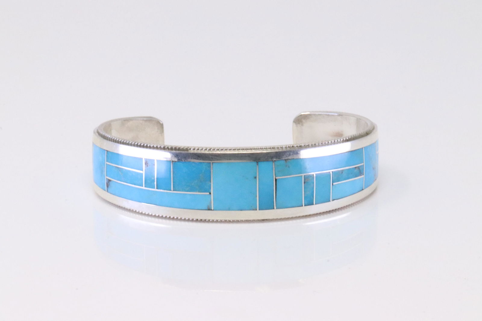 Native American Navajo Handmade Sterling Silver Turquoise Inlay Bracelet By R.G.B. (1 of 4)