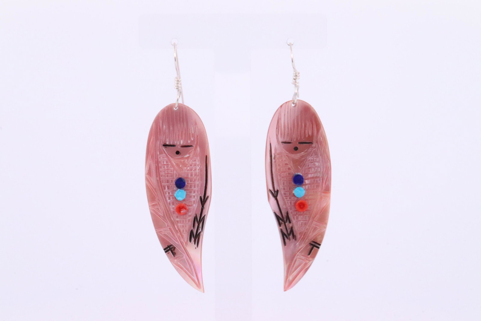 Native America Zuni Handmade Sterling Silver Corn Maiden Pink Shell Kachina Dangling Earring's.: This is a Native America Zuni Handmade Sterling Silver Corn Maiden Pink Shell Kachina Dangling Earring's.
