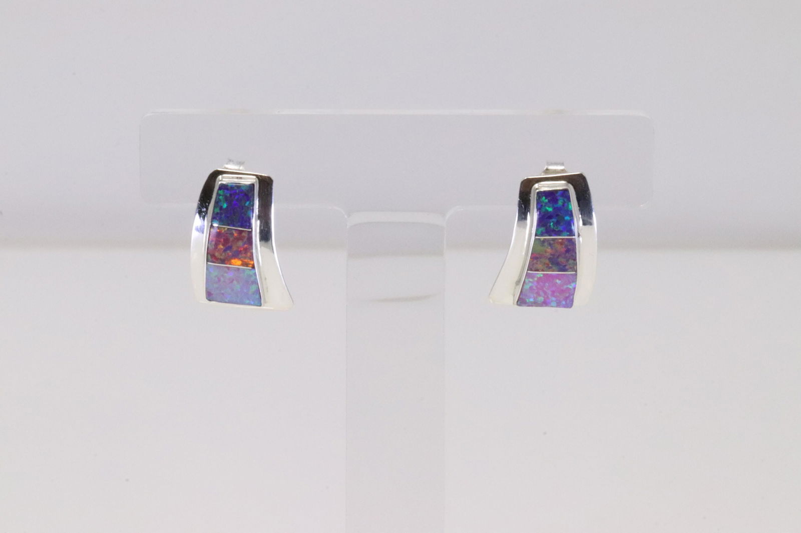 Native America Navajo Handmade Sterling Silver Multi-Color Opal Post Earring's By N.J. (1 of 4)
