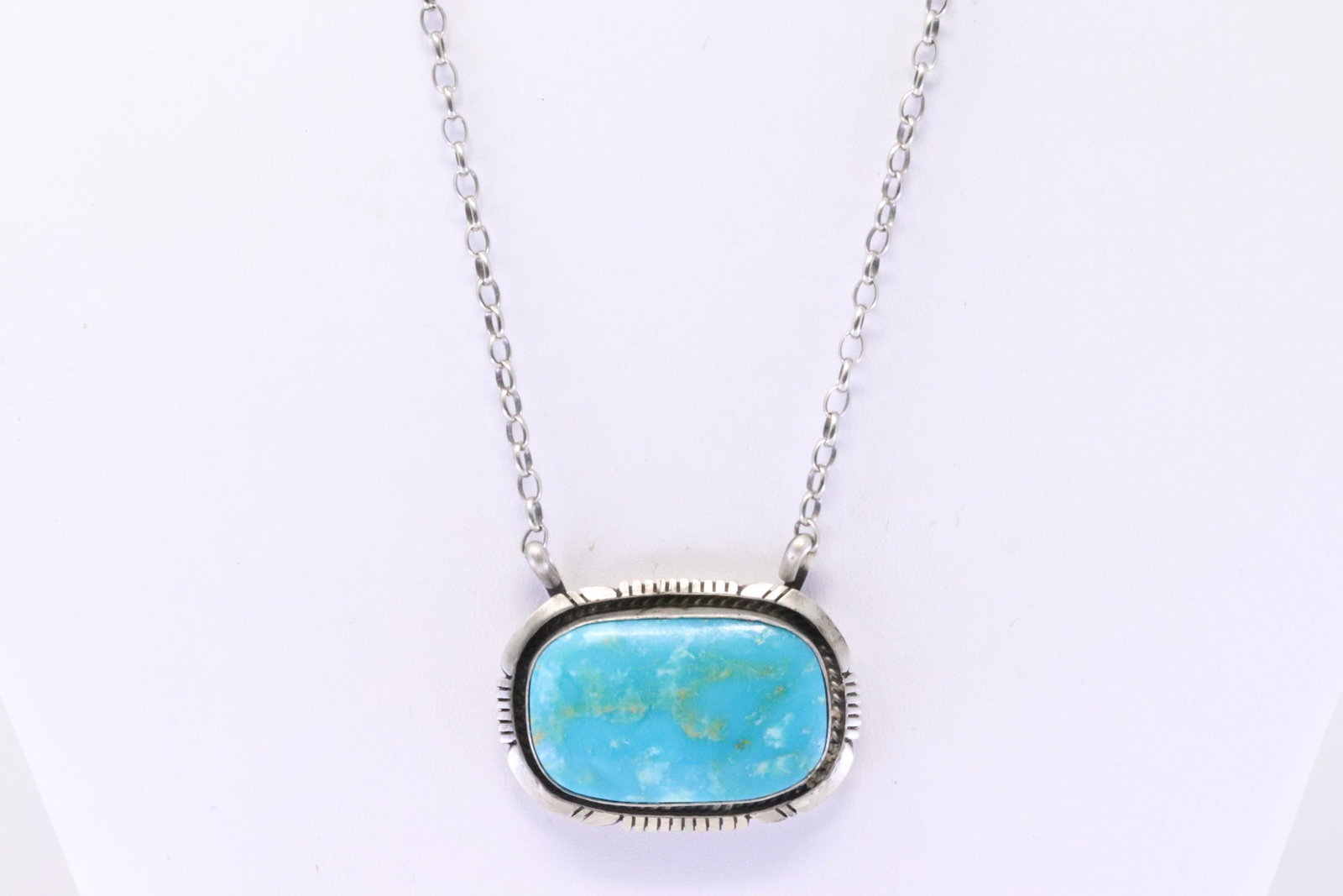Native America Navajo Handmade Sterling Silver Kingman Turquoise Necklace By Alfred Martinez.: This is a Native America Navajo Handmade Sterling Silver Kingman Turquoise Necklace By Alfred Martinez. Necklace length: 16.00"