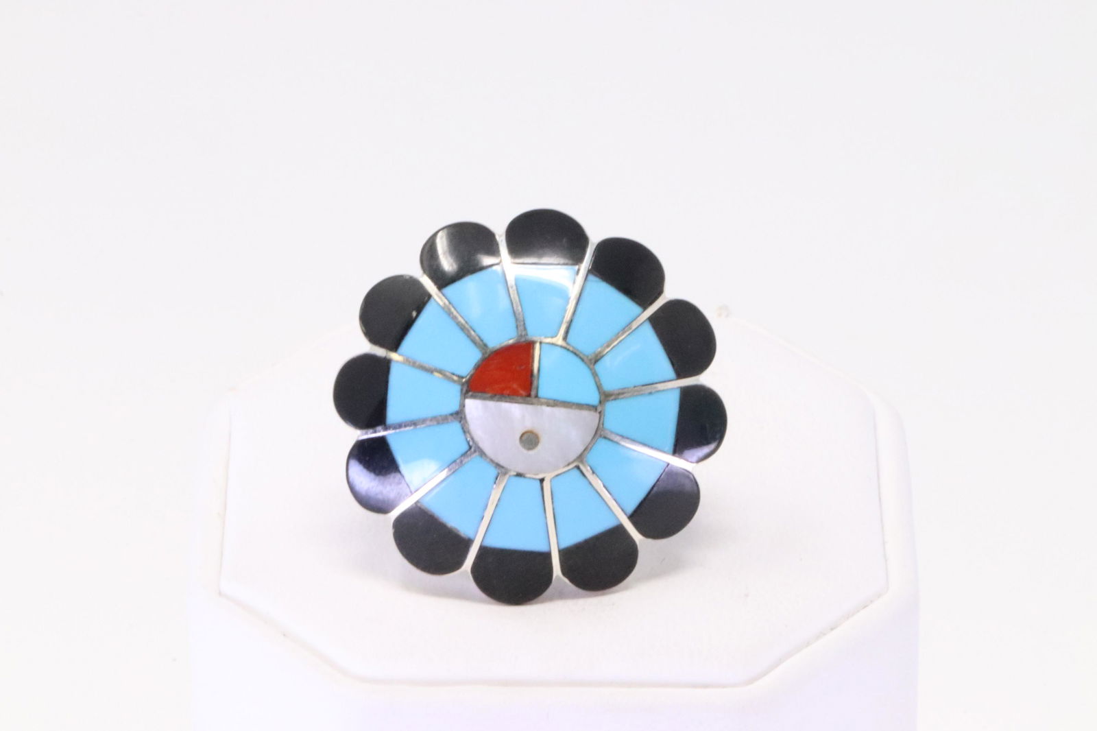 Native America Zuni Handmade Sterling Silver Multi-Color Inlay Sunface Ring By F.D.S. (1 of 4)