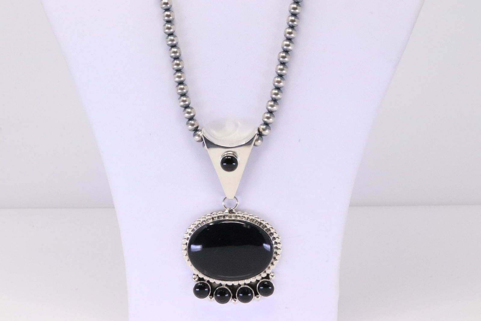 Native America Navajo Handmade Sterling Silver Black Onyx Pendant & Necklace By R.B. (1 of 4)