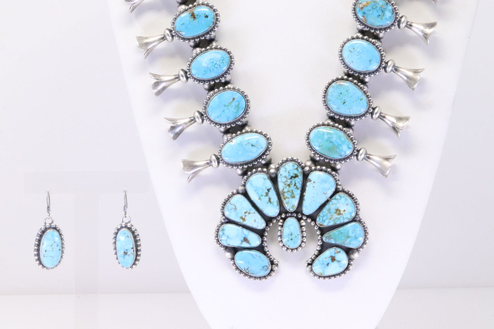 Native America Navajo Handmade Sterling Silver Turquoise Squash Blossom Necklace & Earring's Set By (1 of 8)