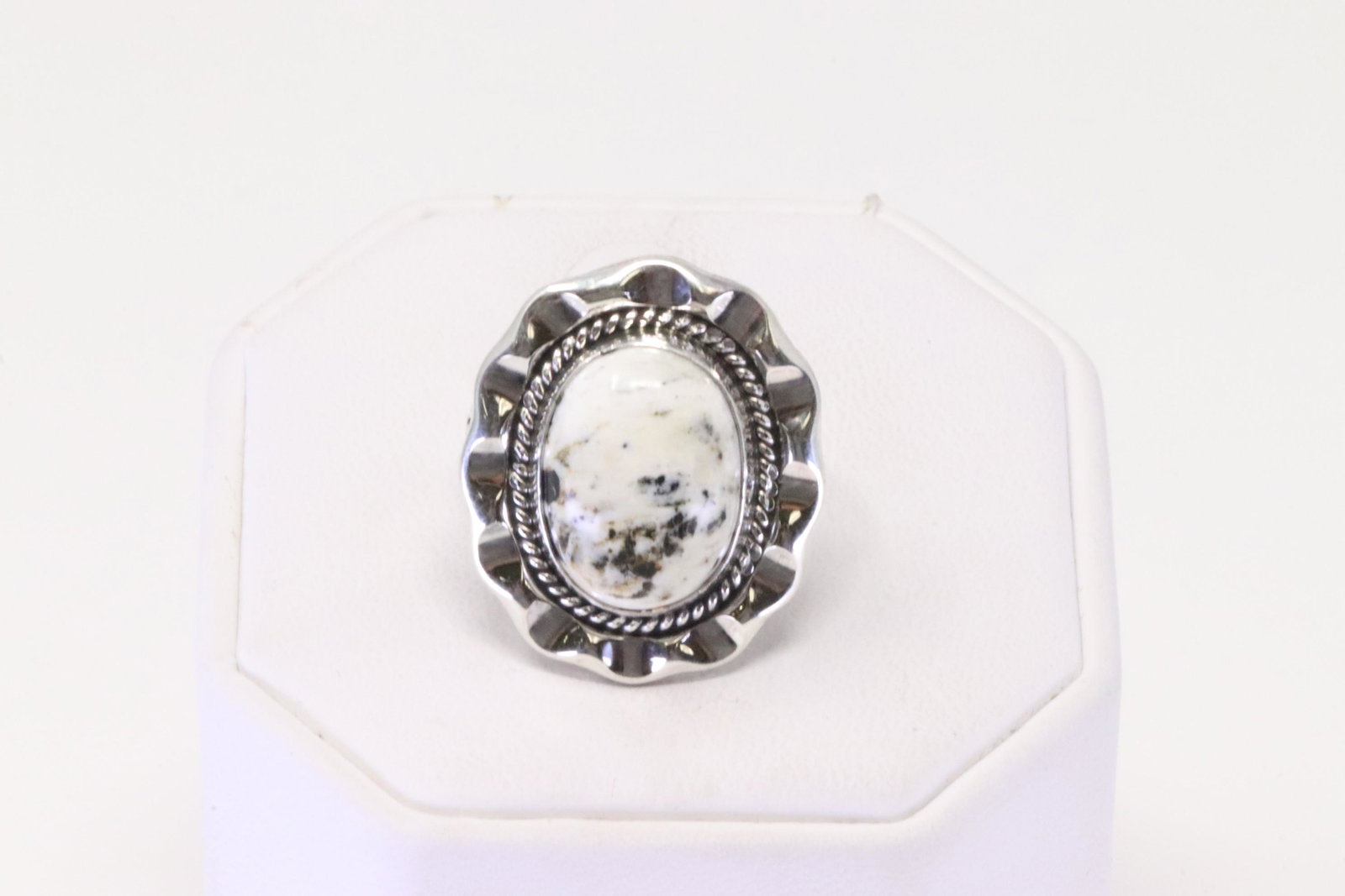 Native American Navajo Handmade Sterling Silver White Buffalo Ring By Samuel Yellowhair.: This is a Native American Navajo Handmade Sterling Silver White Buffalo Ring By Samuel Yellowhair. Ring size: 7.50.