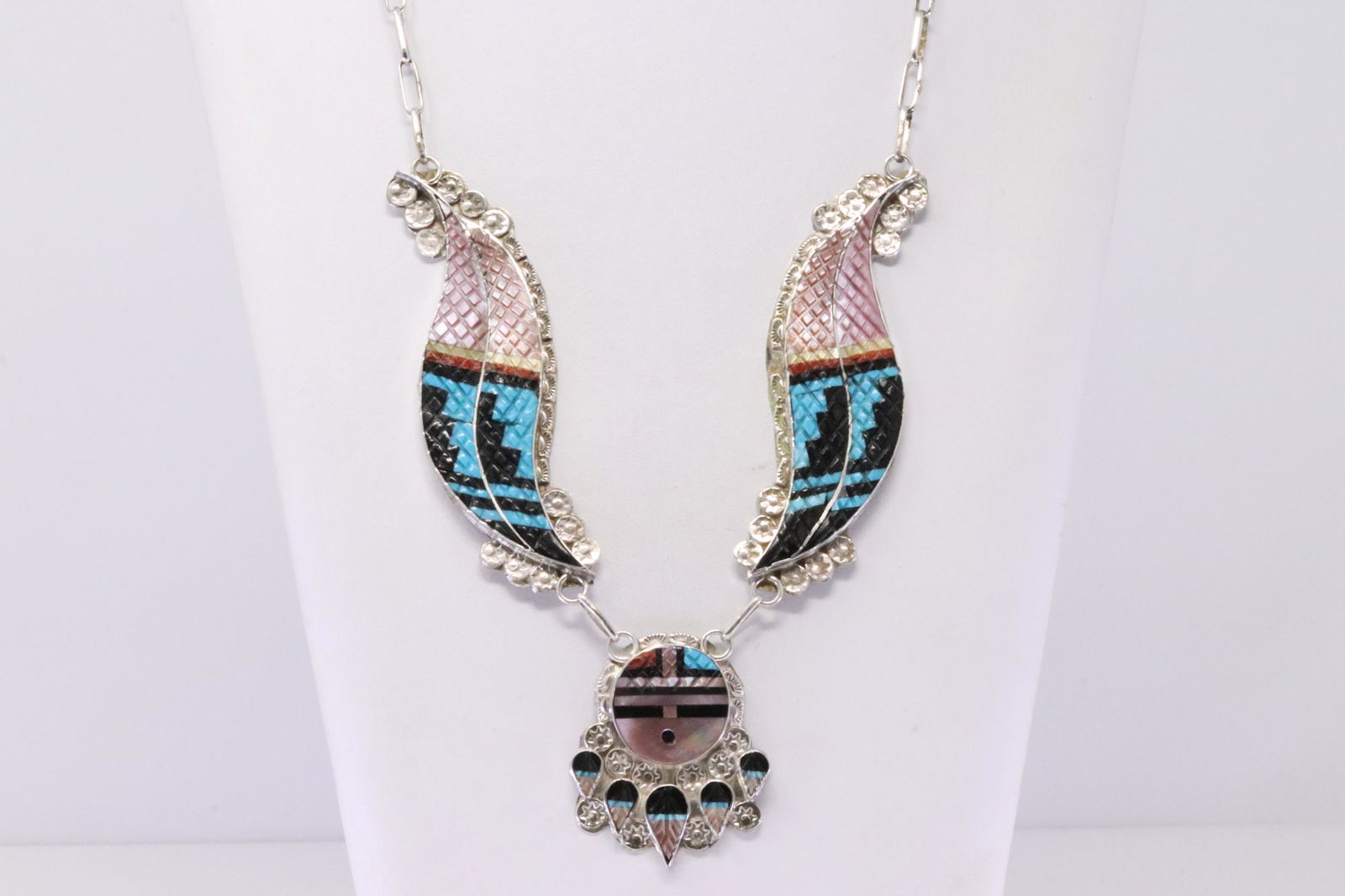 Native America Zuni Handmade Sterling Silver Multi-Color Inlay Necklace & Post / Dangling Earring's (1 of 7)