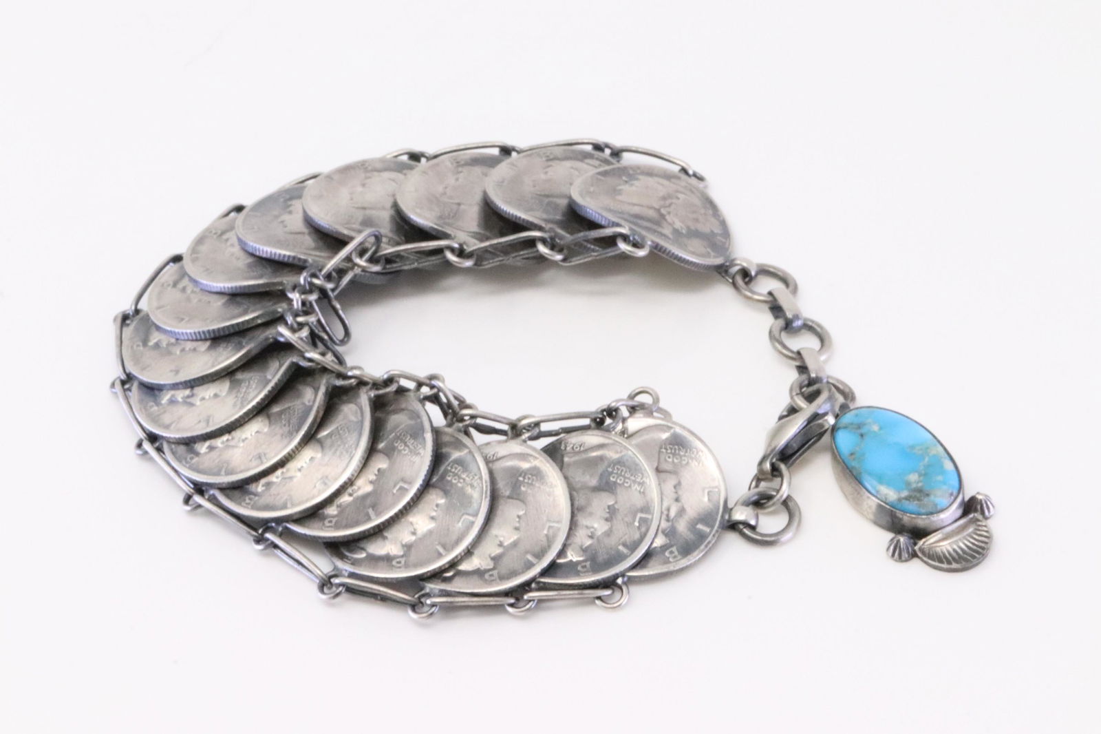 Native America Navajo Handmade Sterling Silver Turquoise Leberty Dime Link Bracelet By James McCabe. (1 of 4)
