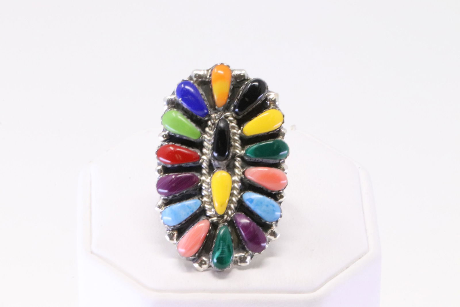 Native America Navajo Handmade Sterling Silver Synthetic Multi-Color Ring By J.W.: This is a Native America Navajo Handmade Sterling Silver Synthetic Multi-Color Ring By J.W. Ring size: 10.25.