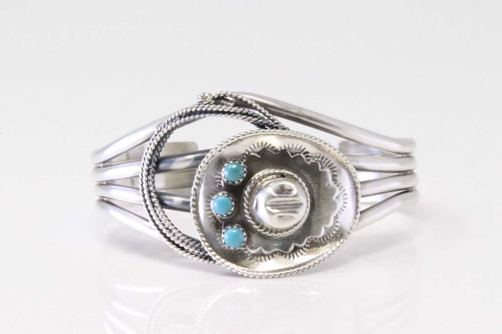 Native America Navajo Handmade Sterling Silver Turquoise Hat Cowboy Bracelet Cuff By Bobby Platero. (1 of 4)