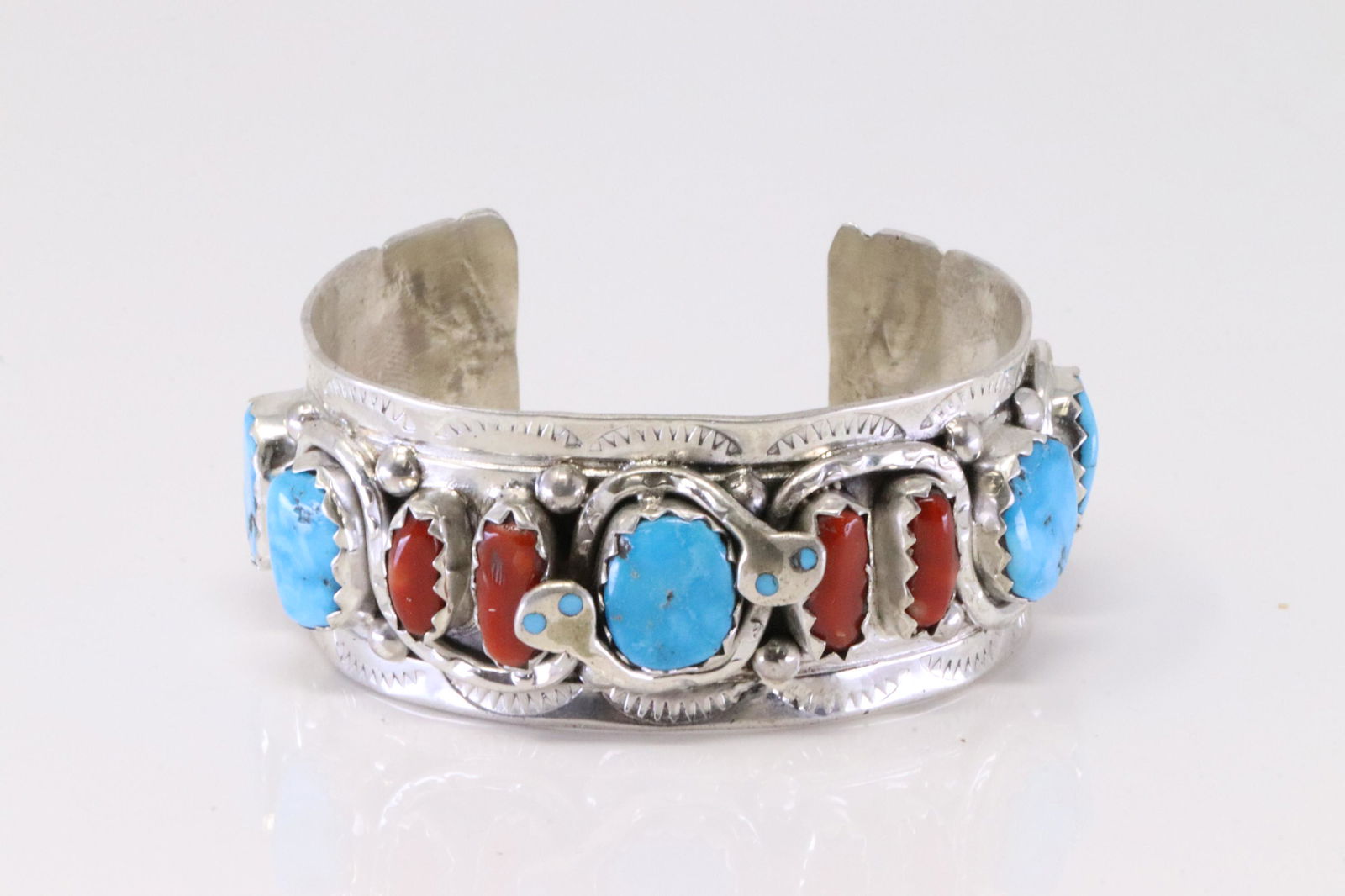 Native America Zuni Handmade Sterling Silver Coral / Turquoise Bracelet Cuff By Effie.C. (1 of 4)