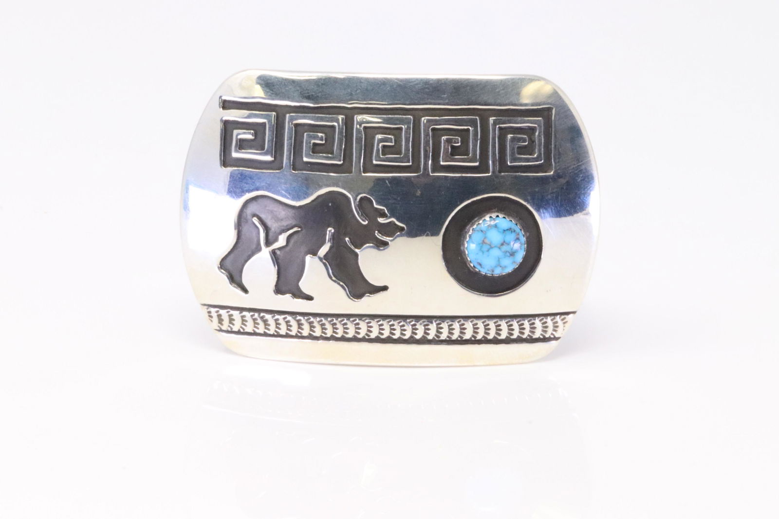Native America Navajo Handmade Sterling Silver Turquoise Bear Belt Buckle Cuff By Rosco Scott. (1 of 2)