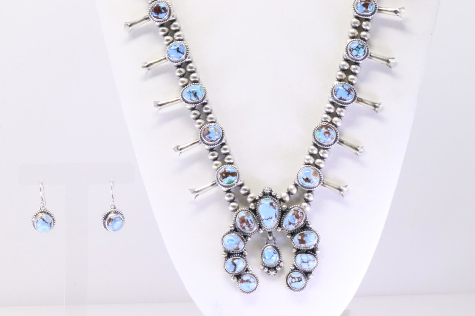 Native America Navajo Handmade Sterling Silver Golden Hills Turquoise Squash Blossom Necklace &: This is a Native America Navajo Handmade Sterling Silver Golden Hills Turquoise Squash Blossom Necklace & Earring's Set By Thomas Francisco. Necklace length: 26.00"