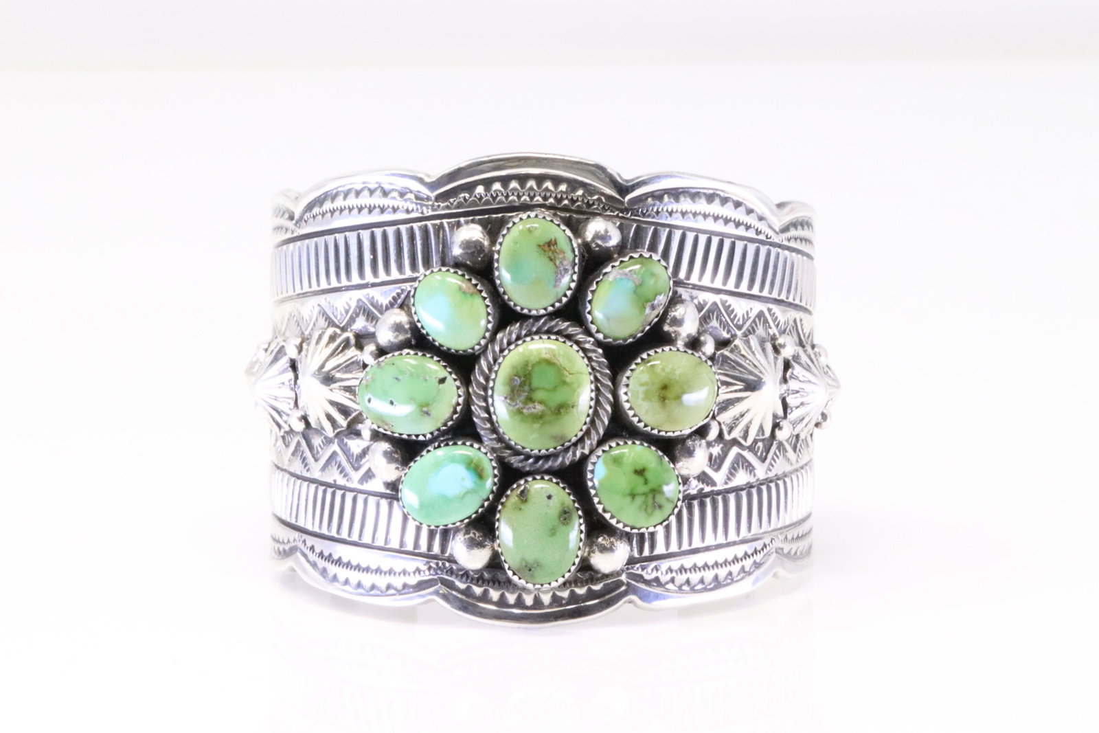Native America Navajo Handmade Sterling Silver Sonora Gold Turquoise Bracelet Cuff By Matilda John.: This is a Native America Navajo Handmade Sterling Silver Sonora Gold Turquoise Bracelet Cuff By Matilda John.