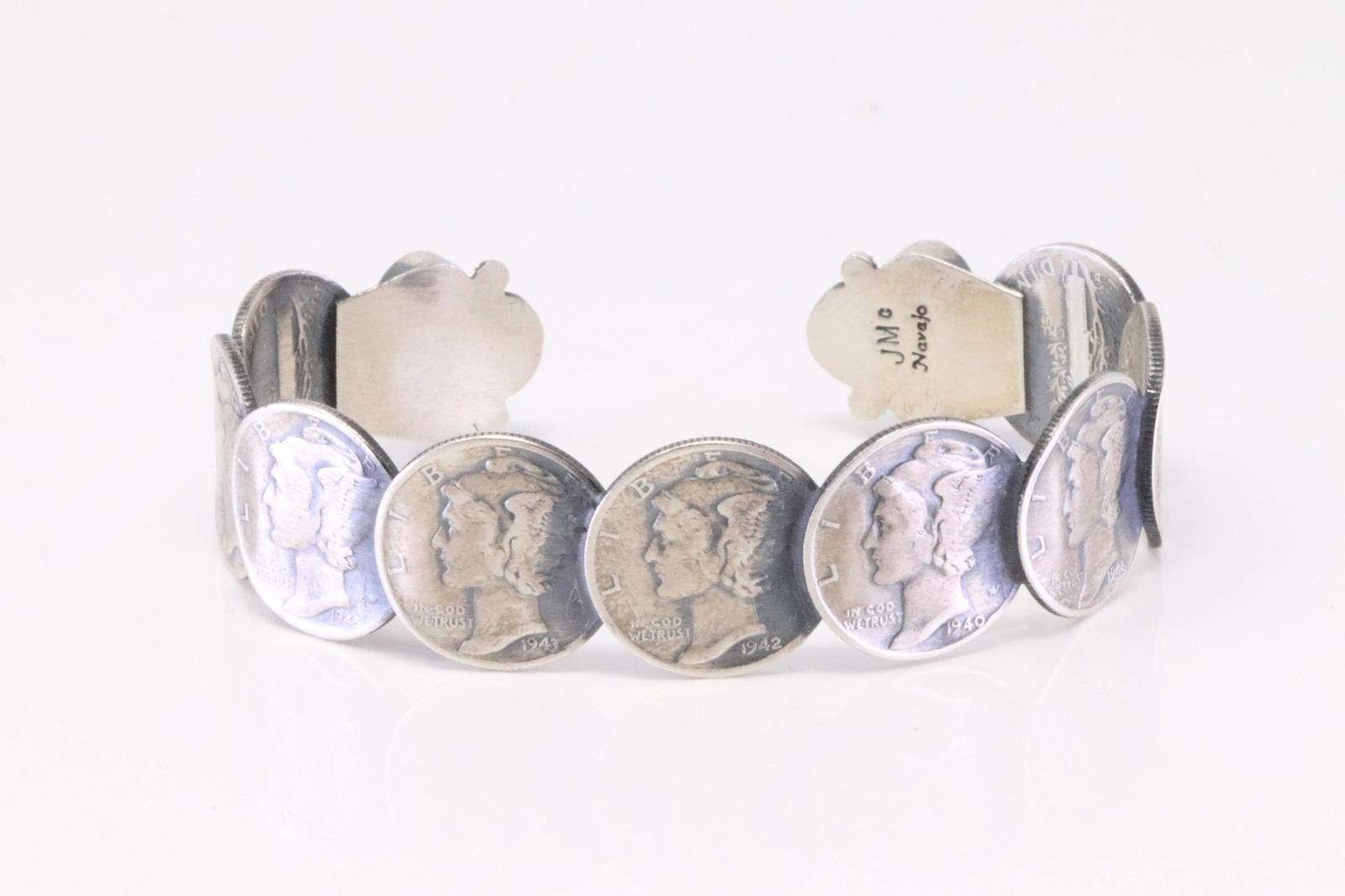 Native America Navajo Handmade Sterling Silver Turquoise Mercury Dime Bracelet By James McCabe. (1 of 4)