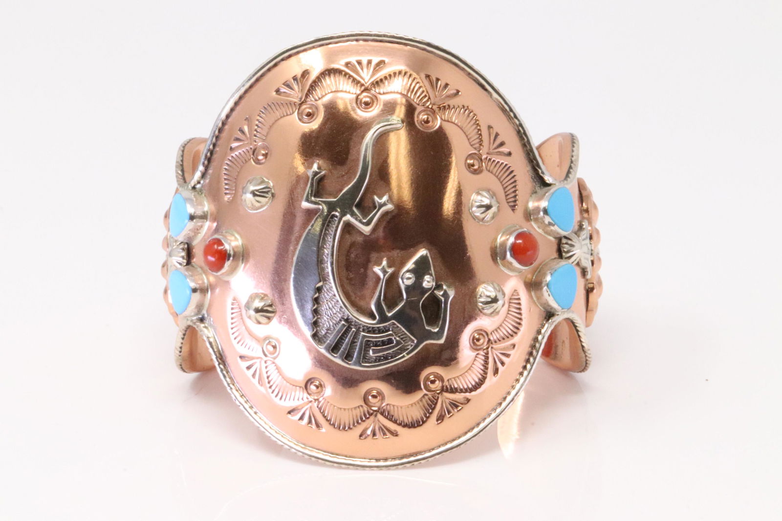 Native America Navajo Handmade Sterling Silver Coral / Turquoise Copper Cuff Bracelet By R.B. (1 of 4)