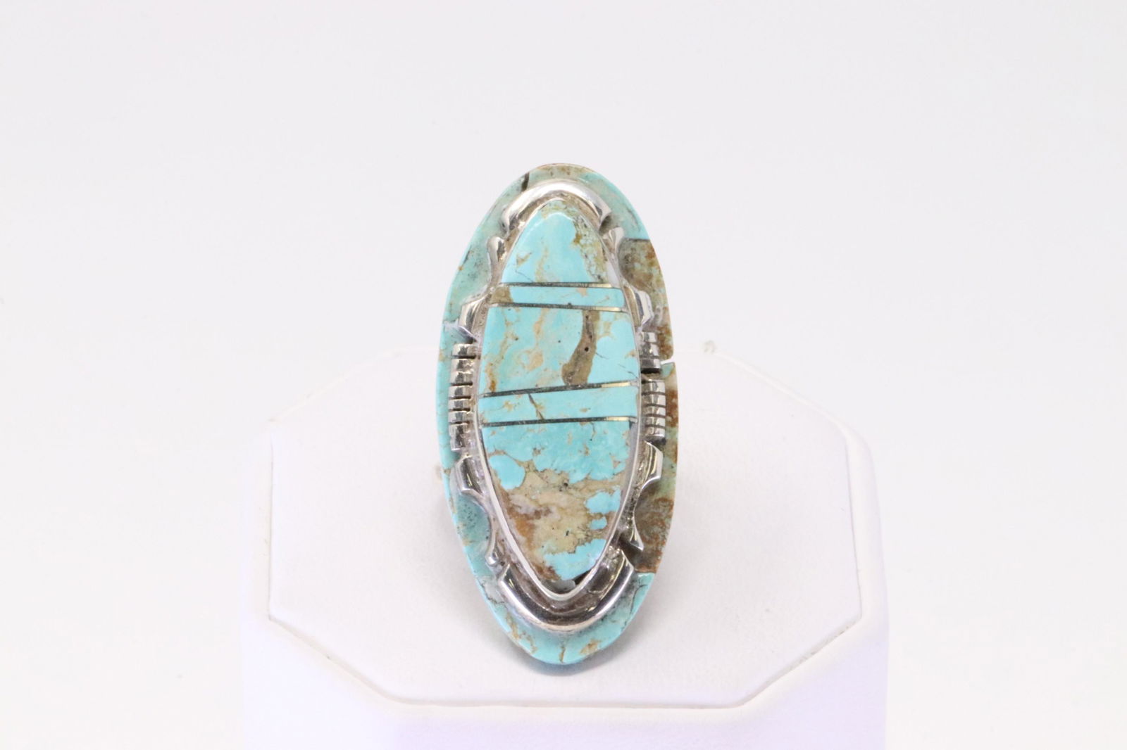 Native America Navajo Handmade Sterling Silver Turquoise Inlay Ring By S.F. (1 of 4)